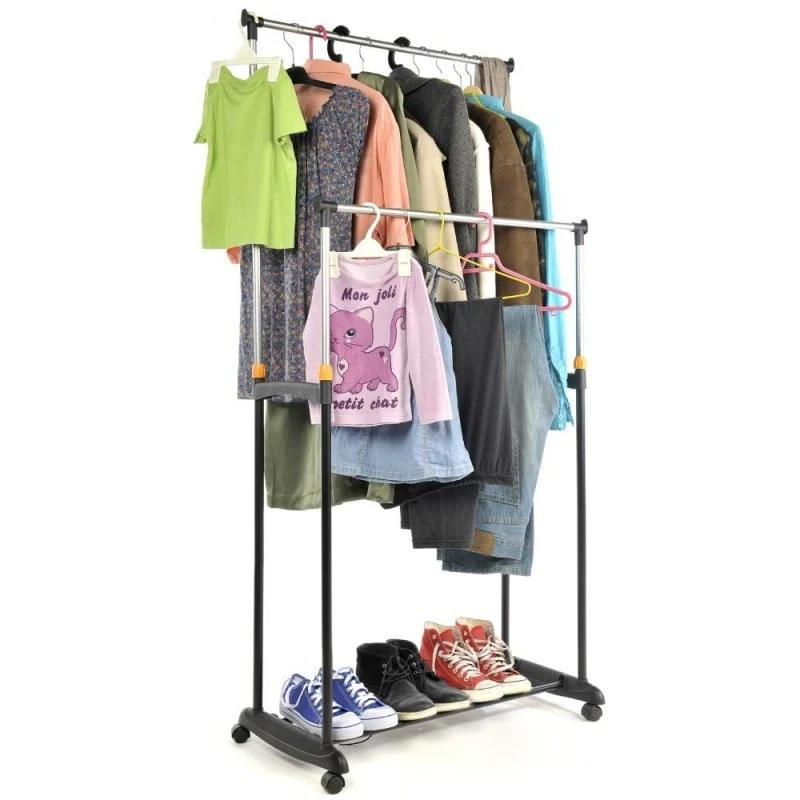 Portant Vêtement à Roulettes Double Avec Hauteur Réglable 1 Portant Vêtement à Roulettes Double Avec Hauteur Réglable